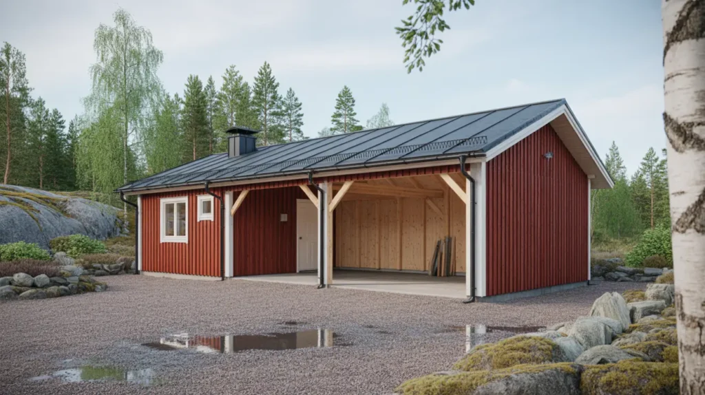 nybyggnation av dubbelgarage med integrerad carport i taxinge nykvarn