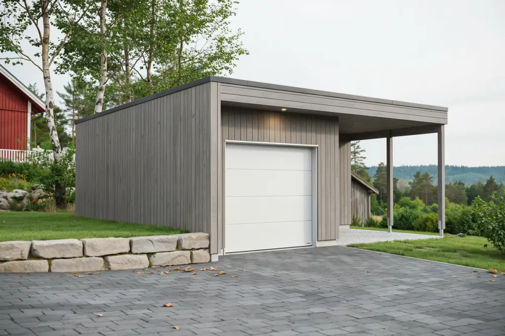 platsbyggt enkelgarage med carport i turinge nykvarn